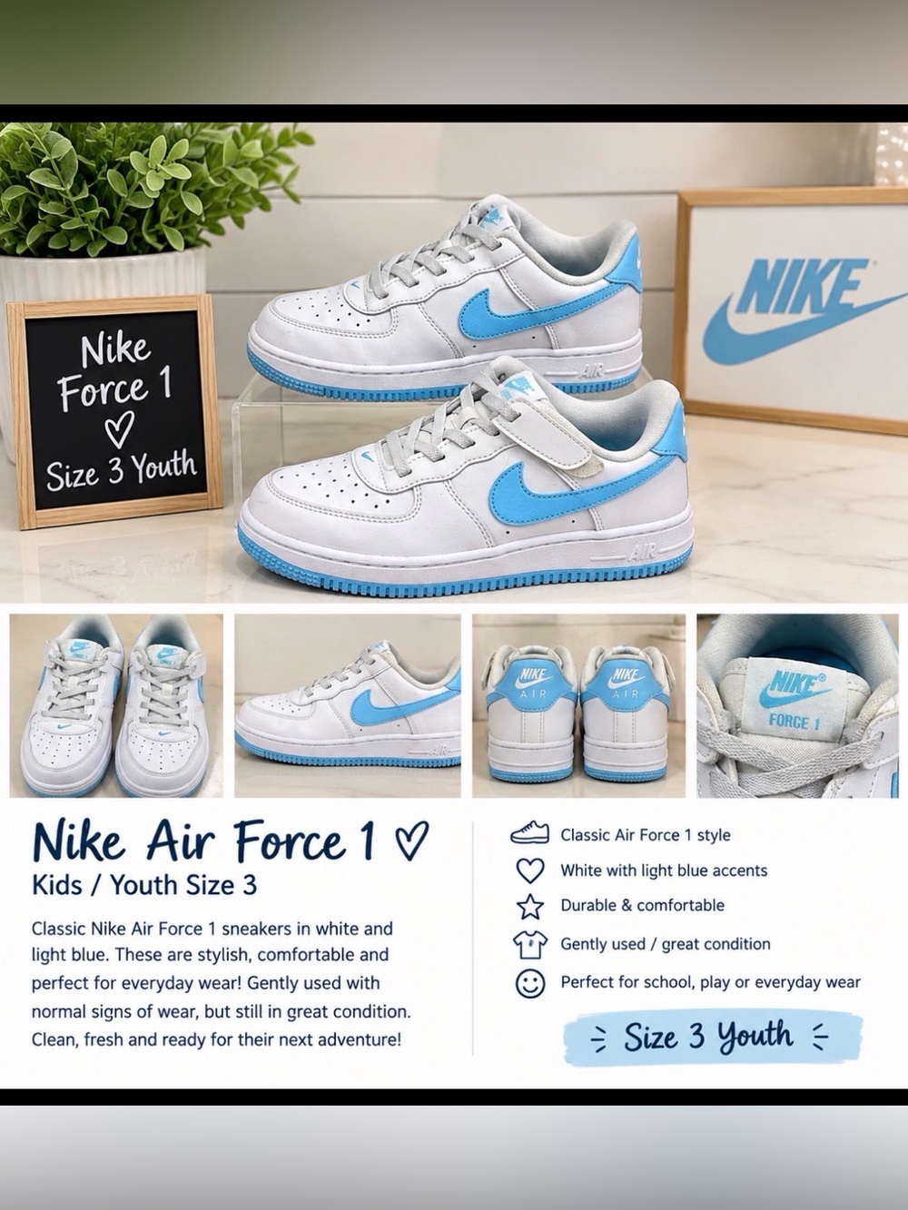 Nike Air Force 1 Low Youth Sneakers Girls US 3